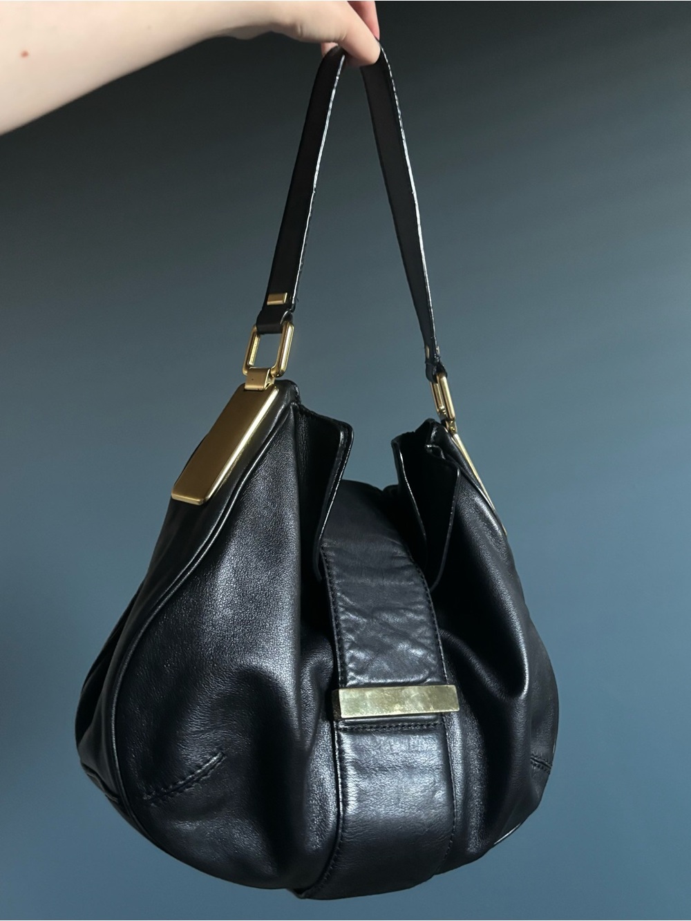 Banana Republic Black Leather Shoulder Bag with Gold Hardware